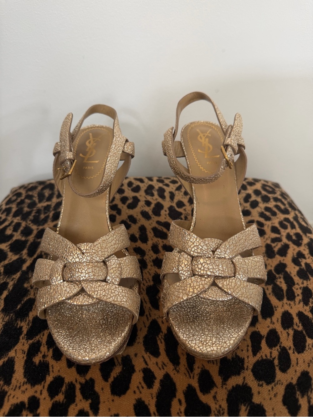 Saint Laurent Gold Metallic Woven Slingback Heels